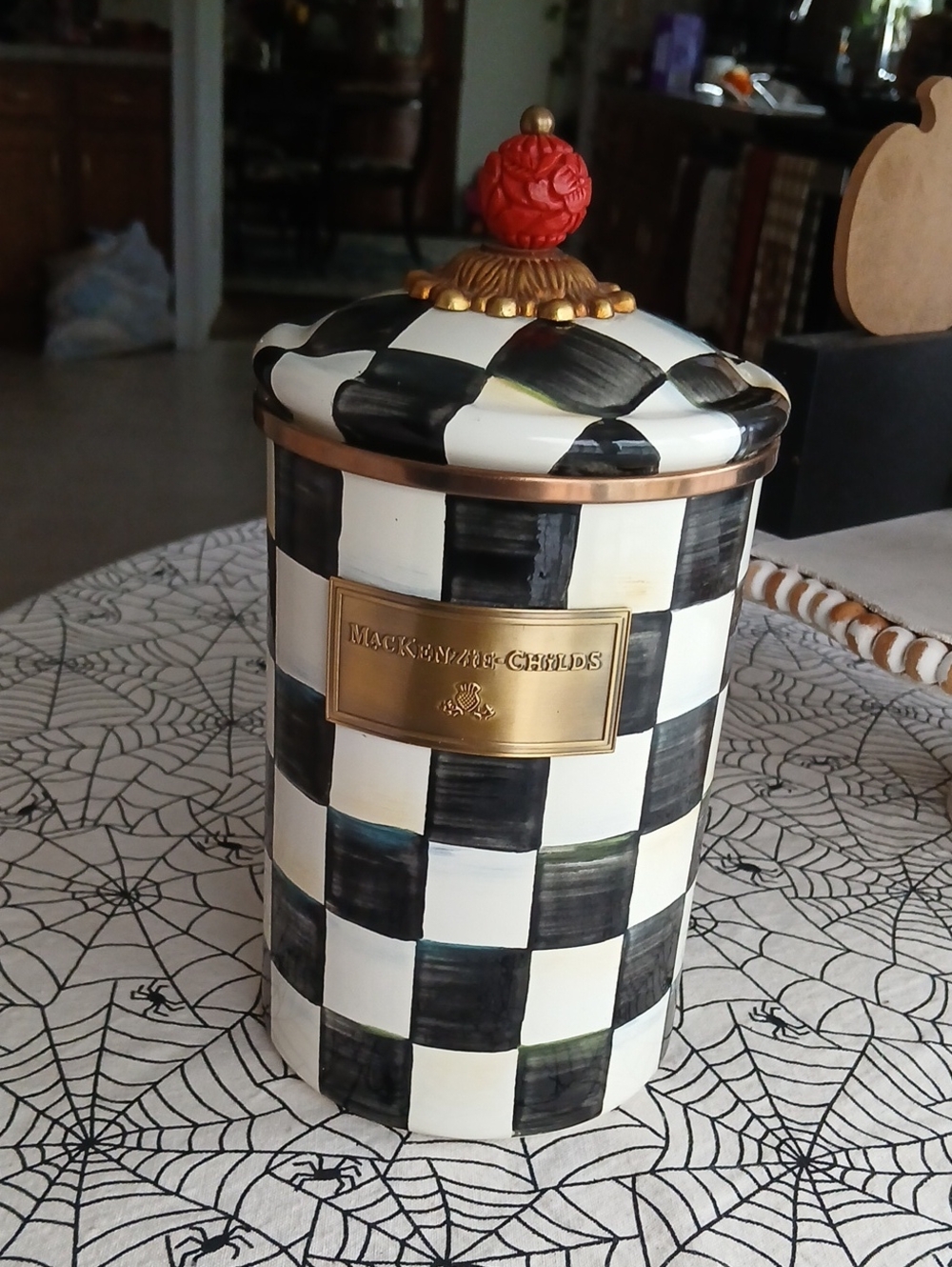 MacKenzie-Childs Checkered Ceramic Canister with Red Finial